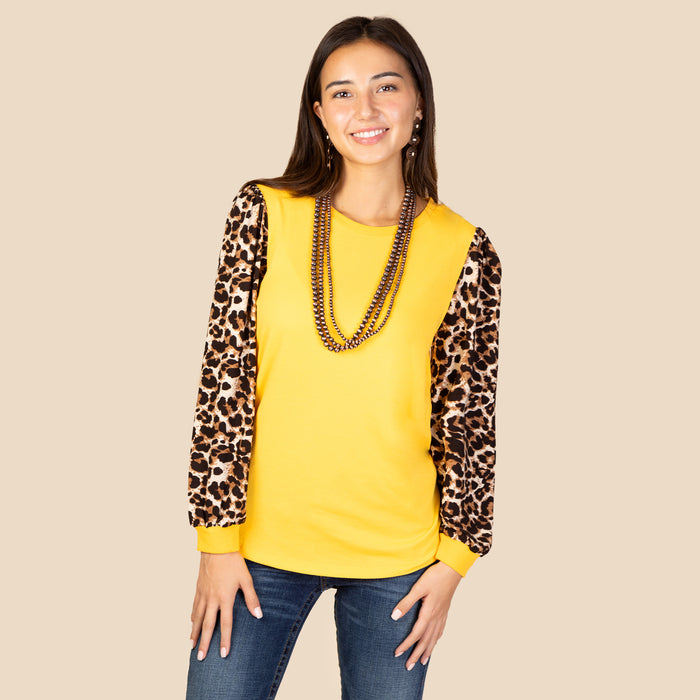 10620 - Leopard Long Sleeve Puffed Top - Gold