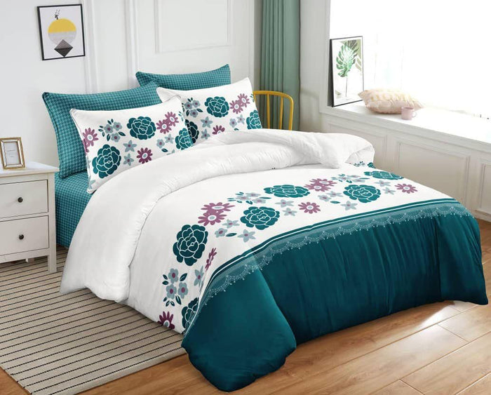 4pc 6x6 Floral Duvet Set – Teal & White – 2 Pillowcases, 1 Bedsheet & 1 Duvet