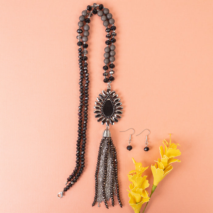 72964 - Animal Print Beaded Tassel Necklace - Black