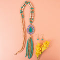 72964 - Animal Print Beaded Tassel Necklace - Turquoise