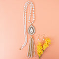72964 - Animal Print Beaded Tassel Necklace - White
