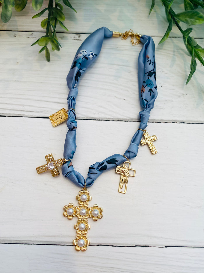 Graceful Charm Pearl Cross Scarf Necklace
