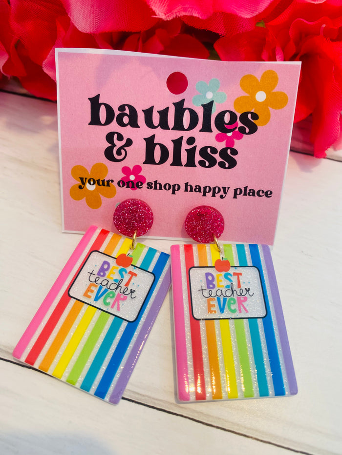 Best Teacher Ever Stripe Notebook Earrings