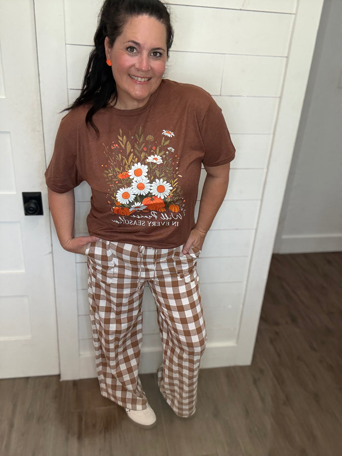 Brown Gingham Tie Elastic Waist Pant