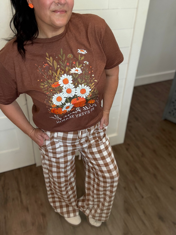Brown Gingham Tie Elastic Waist Pant