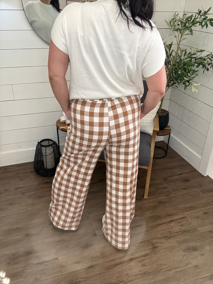 Brown Gingham Tie Elastic Waist Pant