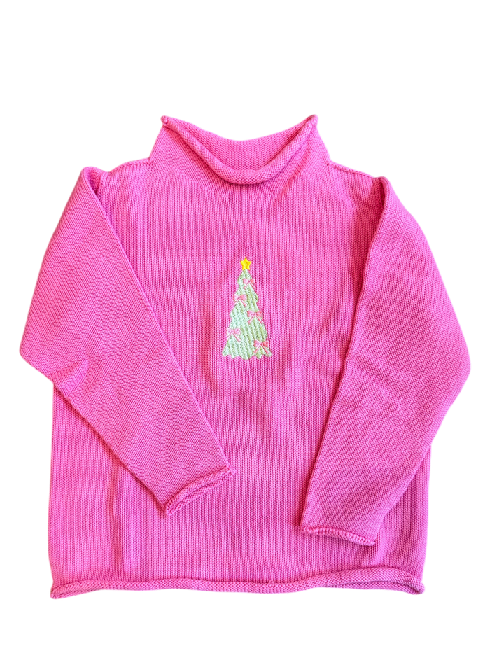 A Soft Idea Christmas Tree with Bows Roll Neck Sweater in Fuchsia