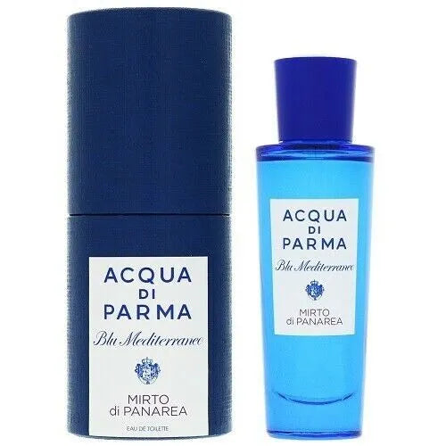 Acqua di Parma Blu Mediterraneo Mirto di Panarea 30ml perfume spray with a sleek glass bottle and elegant packaging.