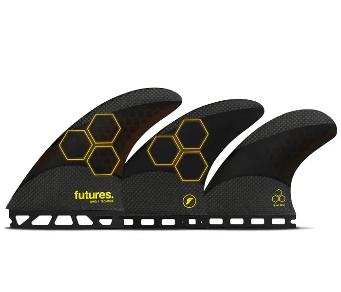 AM2 Techflex 5 Fin large surfboard fin set black orange Futures.
