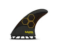 AM2 Techflex Tri large thruster surfboard fins black yellow Futures.