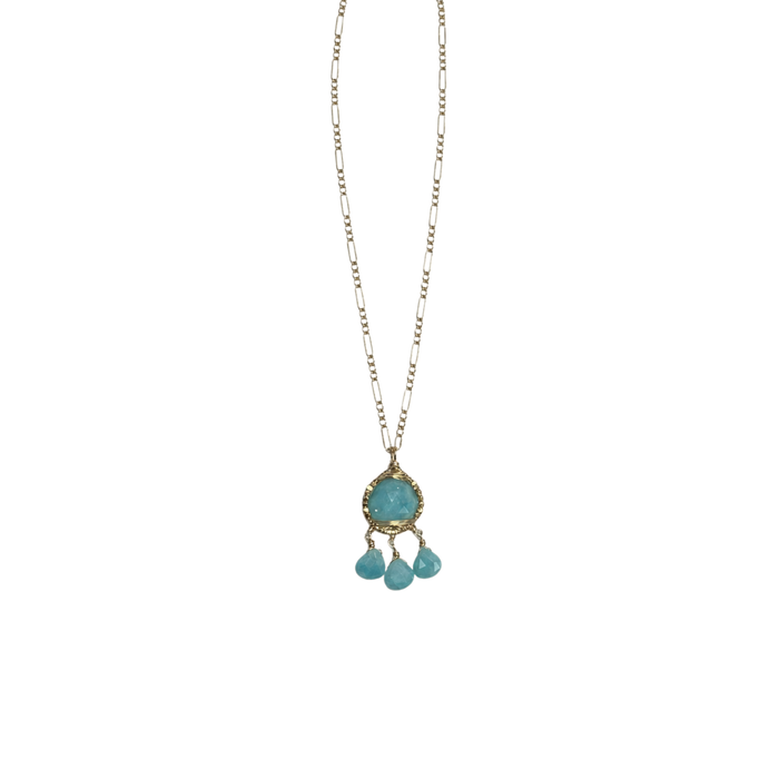Gold-tone necklace with turquoise oval dangle pendant and three small teardrop accents