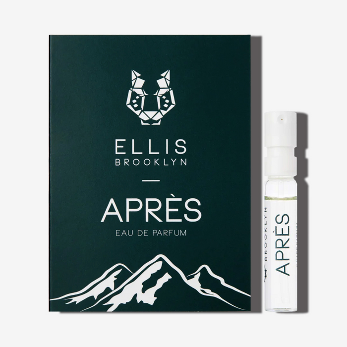 Apres 1.5ml Eau De Parfum Vial next to dark green Apres Eau De Parfum vial holder card.