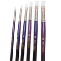 Five flat paint brushes with purple handles , arranged in descending size order on a plain white background.
