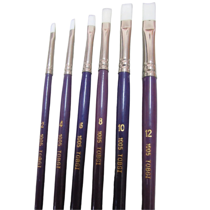 Five flat paint brushes with purple handles , arranged in descending size order on a plain white background.