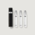 Black Leather Aventus Travel Atomiser with Three 10ml Refills - Flat Lay | Creed Fragrances