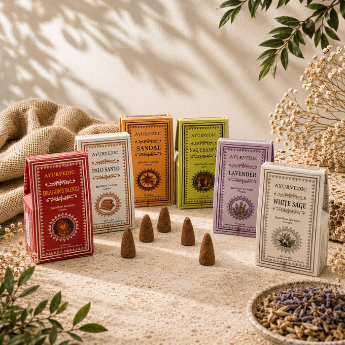 Six boxed herbal blends arranged on a sandy surface with dried flowers, burlap, and leaves around them. The boxes are labeled Ayurvedic Dragon's Blood, Sandal, Nadi Shanti, Lavender, White Sage, and a red box in front reading Ayurvedic Dragon's Blood.