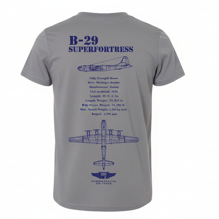 Gray t-shirt with blue B-29 Superfortress design on a white background