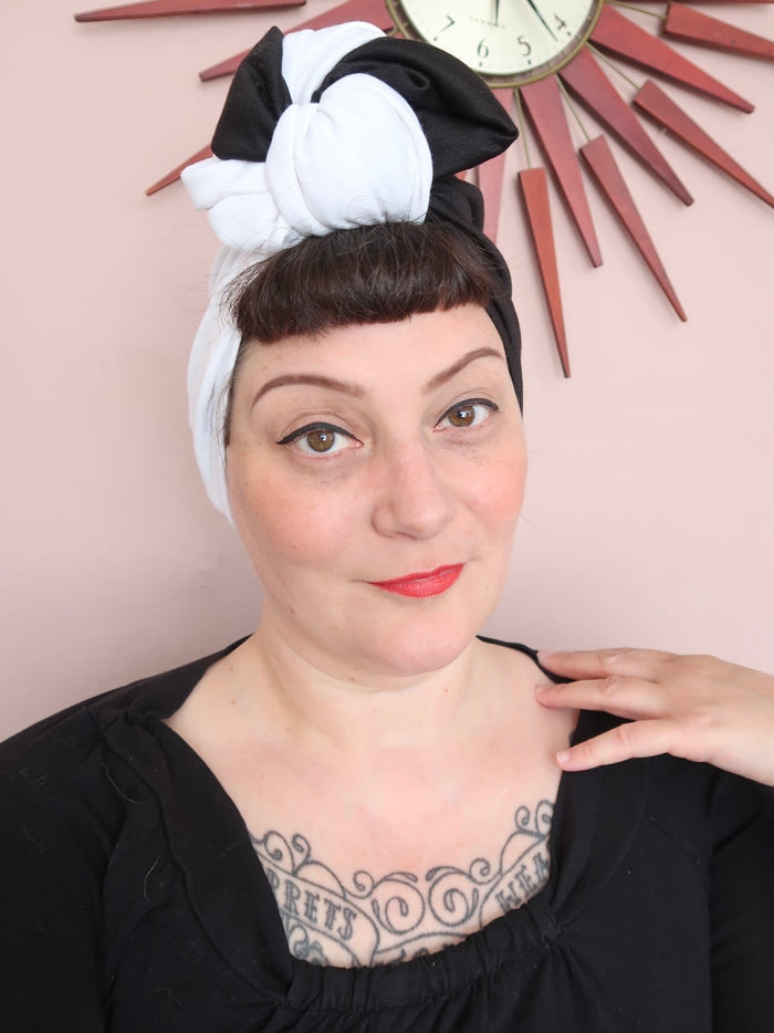 Black/White Duo Design Vintage Style Pre-Tied Turban