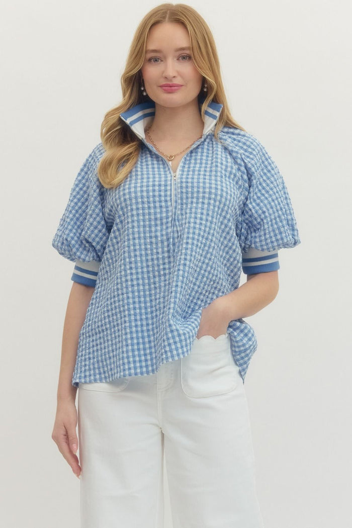 Blue Gingham Puff Sleeve Zip Top