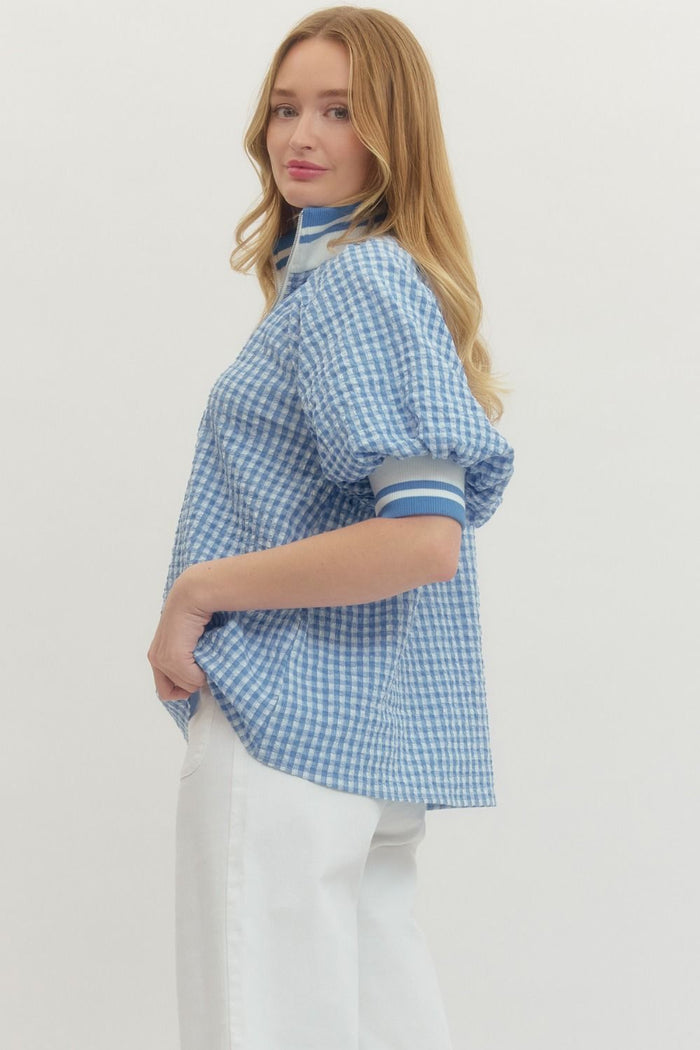 Blue Gingham Puff Sleeve Zip Top