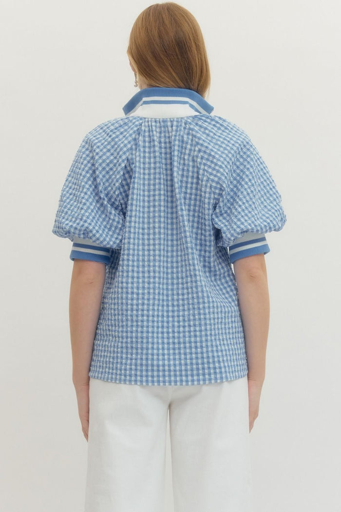 Blue Gingham Puff Sleeve Zip Top