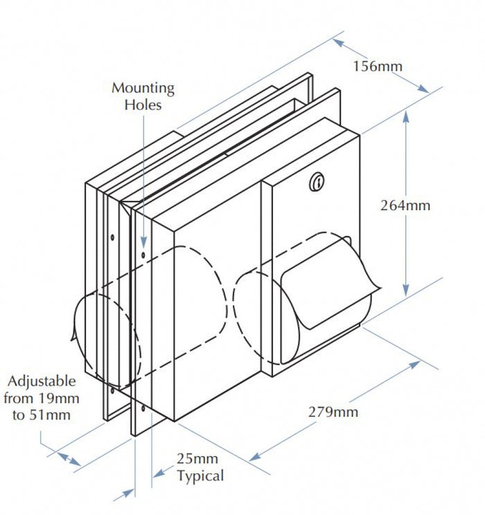 Bradley Partition 5422 Double Toilet Roll Dispenser Recessed