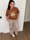 Brown Gingham Tie Elastic Waist Pant