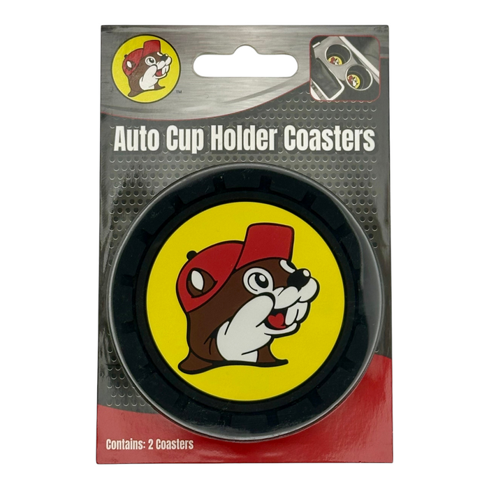 Buc-ee's yellow cup holder coasters with black trim and bold text