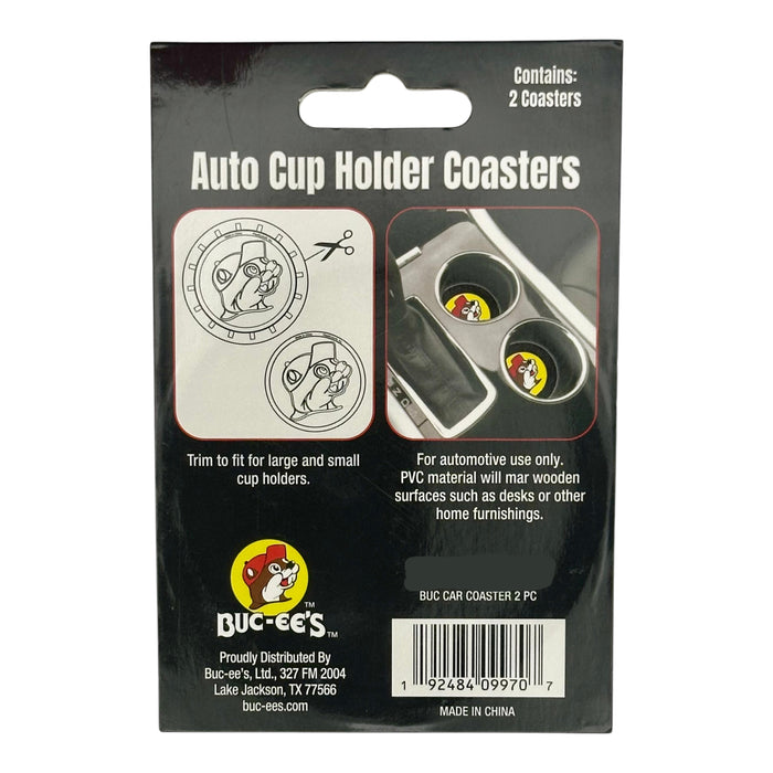 Buc-ee's auto coasters featuring a bright yellow design and black outer edge