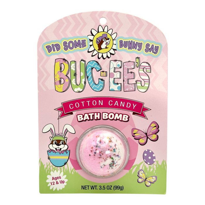Buc-ee's cotton candy bath bomb with pink and white design and butterfly illustrations