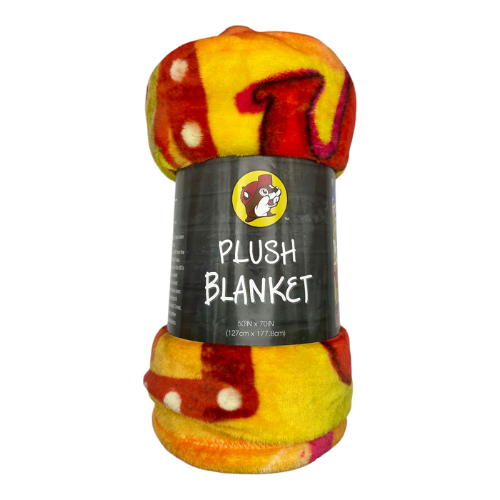 Buc-ee's plush blanket featuring colorful 'Always Open' slogans and bright design