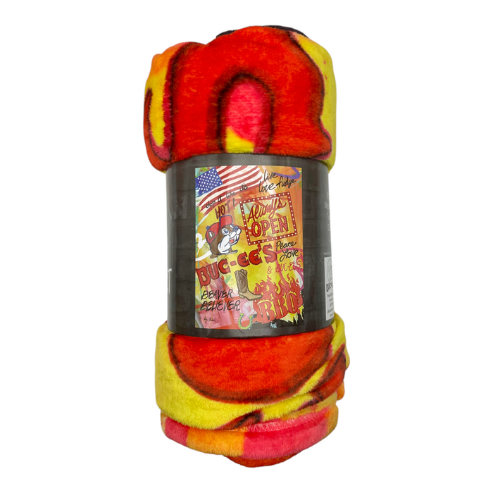 Buc-ee's cozy polyester blanket displaying fun graphics and text
