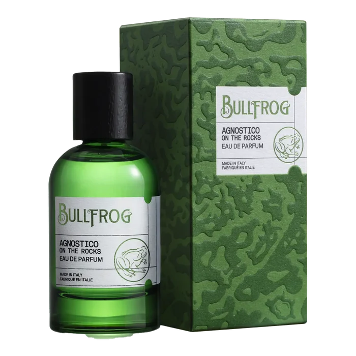 Bullfrog Agnostico On The Rocks Eau de Parfum i grønn glassflaske med kamouflageboks