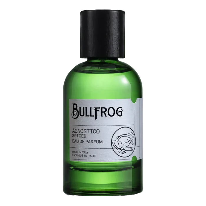 Bullfrog Agnostico Spiced Eau de Parfum i grønn glassflaske med svart lokk og grod-logo