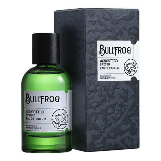 Bullfrog Agnostico Spiced parfyme i grønn flaske med mørkegrå kamouflage-eske