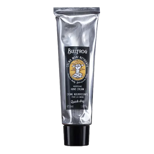 Bullfrog Nourishing håndkrem 50 ml i sølv metallisk påse med svart deksel og etikett