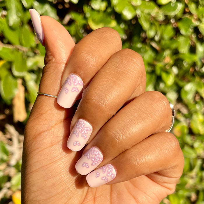 Butterfly Ombre - Press-On | Short | Squoval with lavender butterfly details on matte pink short press-on nails for an easy mani