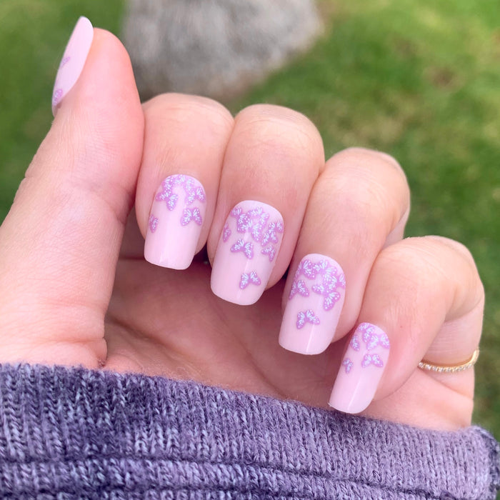 Butterfly Ombre - Press-On | Short | Squoval light pink press-on nails with lavender butterfly details for an easy at-home mani