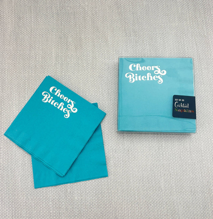 Cheers Bitches Silver Foil Blue Cocktail Beverage Napkin