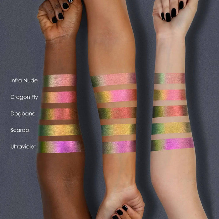 Chromium Liquid Eyeshadow arm swatches on different skin tones.