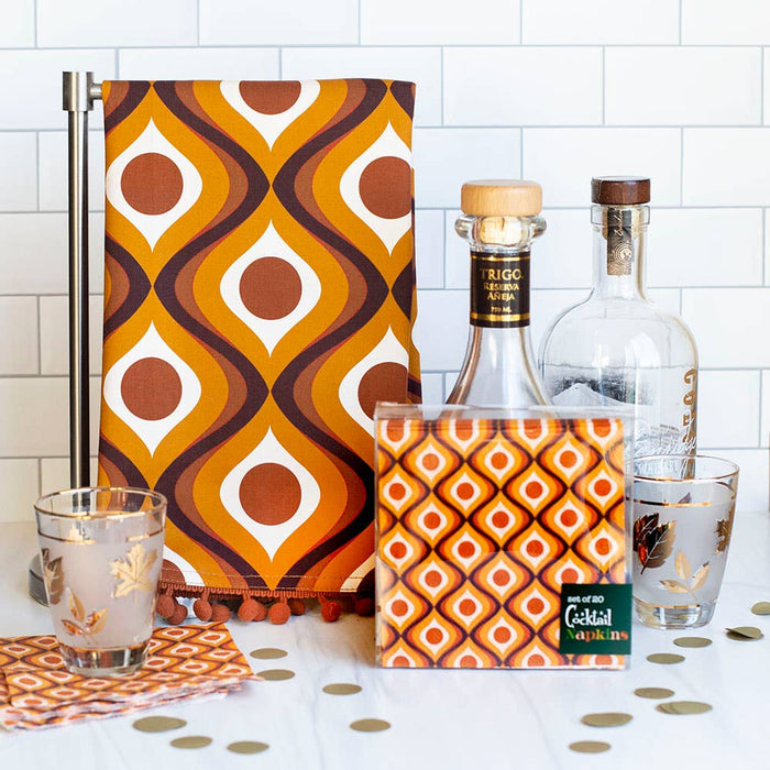 Circle in Waves Amber Mid Century Modern Tea Towel with Trim