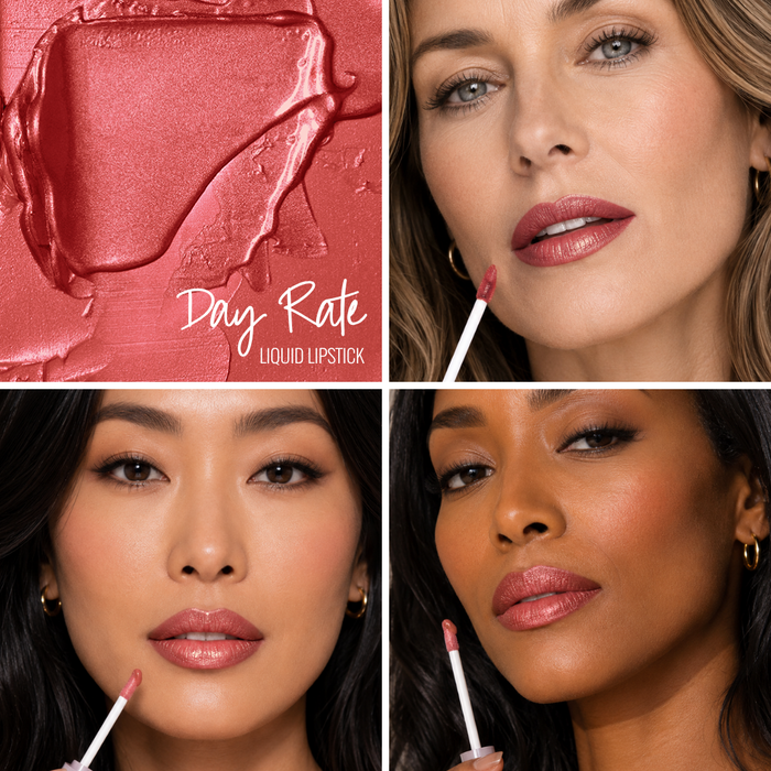 Collage of Runway Rogue liquid lipstick swatch in the shade 'Day Rate'  and models with different skin tones wearing it on their lips.
