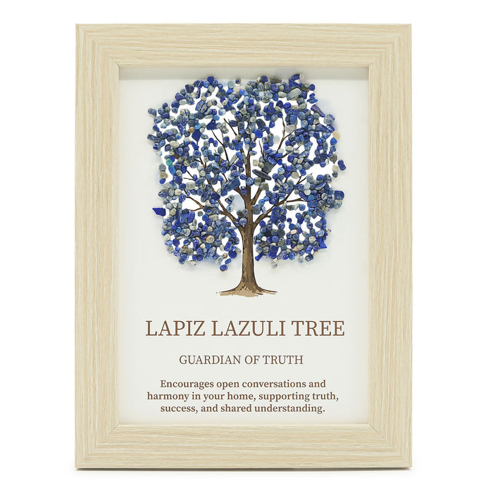 Decorative Tree of Life Wall Art with Genuine Lapis Lazuli Gemstone Chips, Wooden Frame, Boho Accent