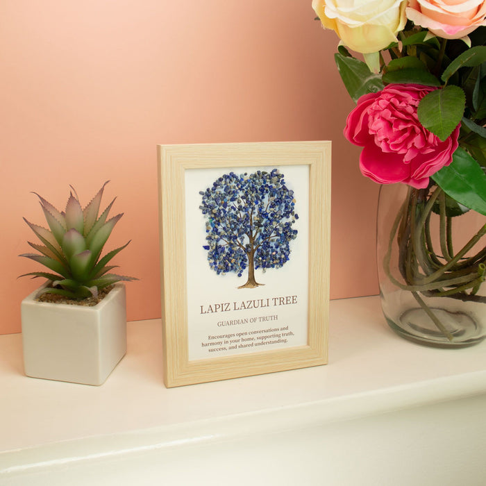 Decorative Tree of Life Wall Art with Genuine Lapis Lazuli Gemstone Chips, Wooden Frame, Boho Accent