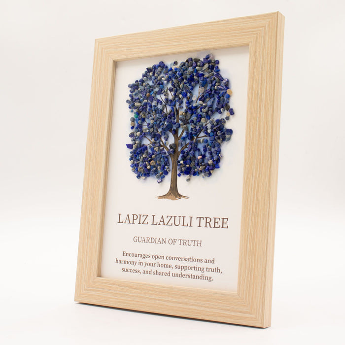 Decorative Tree of Life Wall Art with Genuine Lapis Lazuli Gemstone Chips, Wooden Frame, Boho Accent