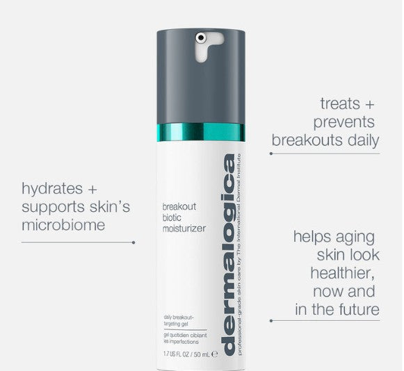 Dermaloga Breakout Biotic Moistizer bottle on a light gray background with marketing text callouts around it.