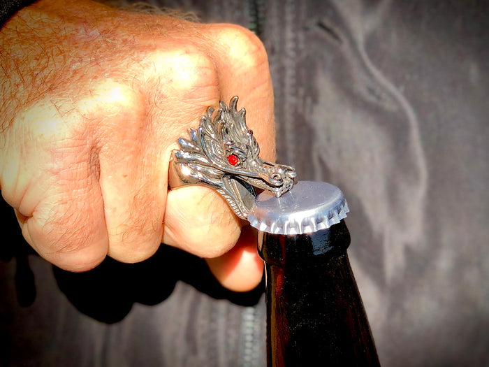 Dragon Bottle Opener Ring - Stainless Steel Red Eye Jewelry styled for festival