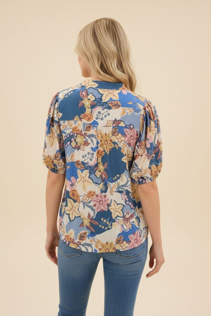 Dreamy Garden Dusty Blue Floral V Neck Puff Sleeve Top