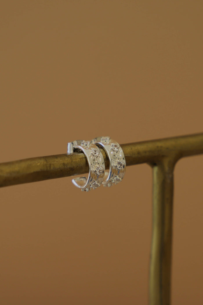 E1489S Silver Earrings-CZ Star Thick Hoops