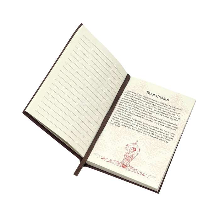 Open notebook with lined pages and text on a white background